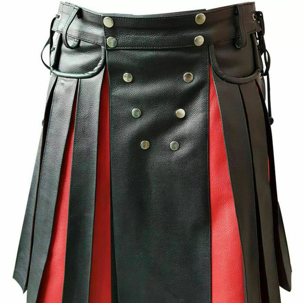 Men's Real Cowhide Leather Utility Kilt Side Laces & Pockets