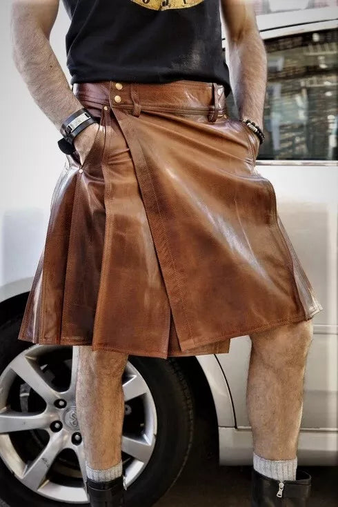 Men's Vintage Leather Pleated Utility Kilt with Pockets
