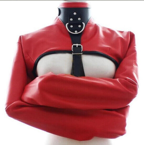 Women Real Leather Bolero Straitjacket Red & Black Leather Women Straight Jacket: