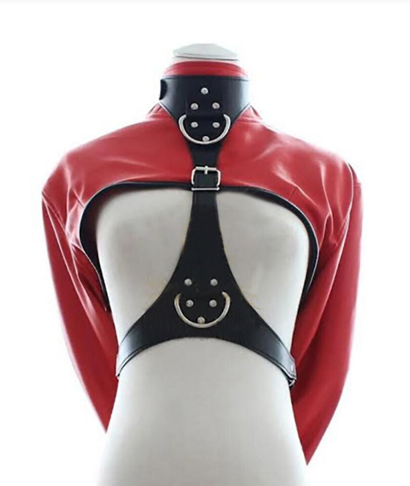 Women Real Leather Bolero Straitjacket Red & Black Leather Women Straight Jacket: