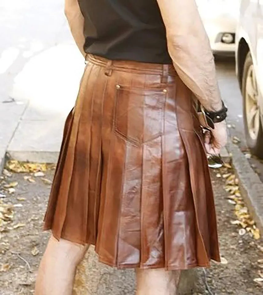 Men's Vintage Leather Pleated Utility Kilt with Pockets