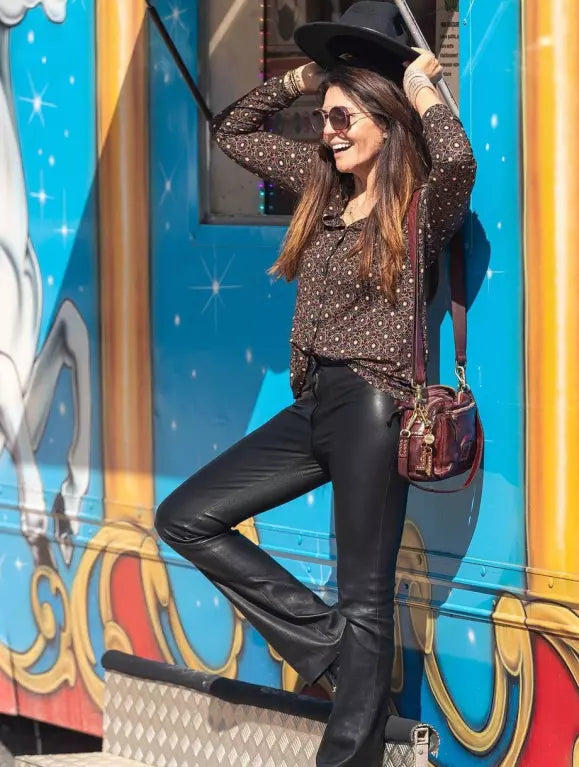 Women's Real Black Leather Bikers Pants 501 Style