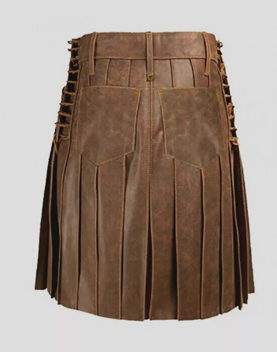 Men's Real Vintage Leather Clubwear Pleated Utilty Kilt | Side Laces & Pocket