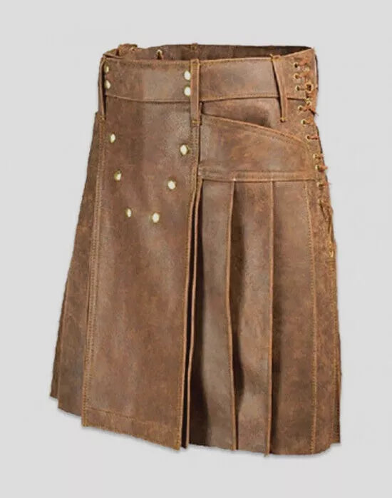 Men's Real Vintage Leather Clubwear Pleated Utilty Kilt | Side Laces & Pocket