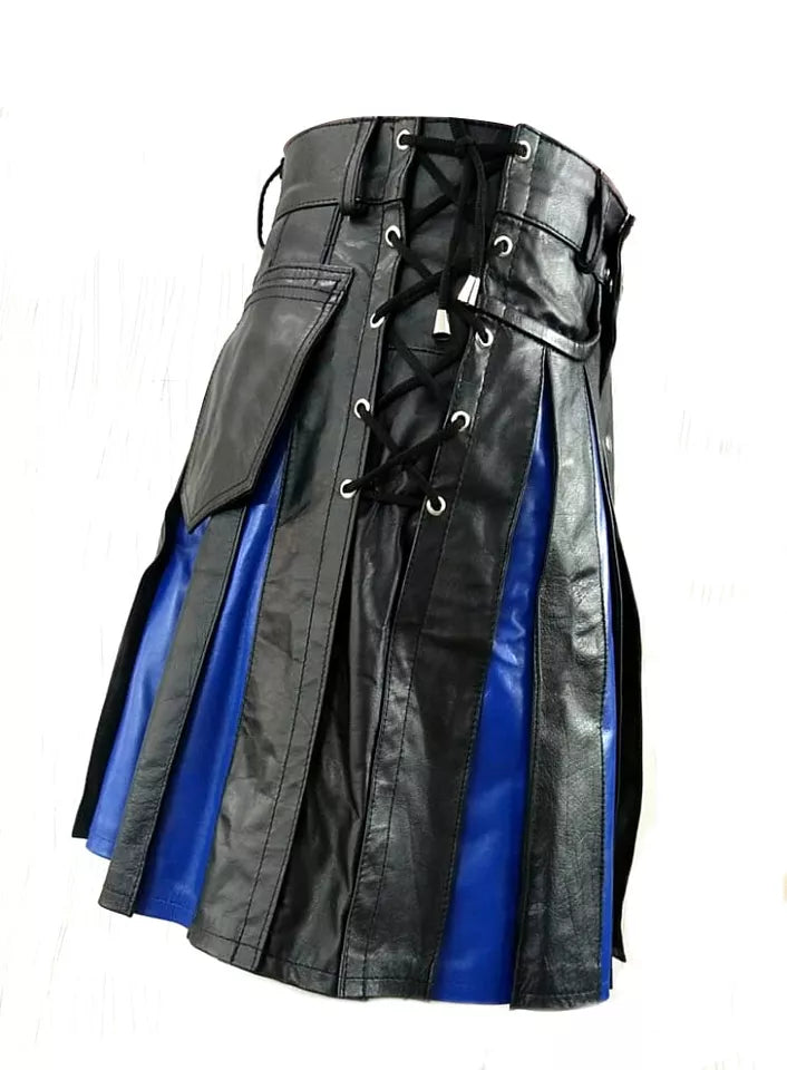Men's Real Cowhide Leather Utility Kilt Side Laces & Pockets