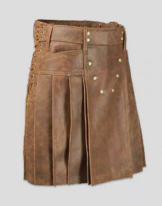 Men's Real Vintage Leather Clubwear Pleated Utilty Kilt | Side Laces & Pocket