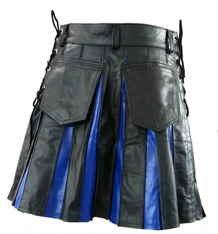 Men's Real Cowhide Leather Utility Kilt Side Laces & Pockets