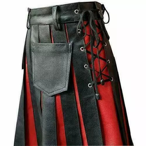 Men's Real Cowhide Leather Utility Kilt Side Laces & Pockets
