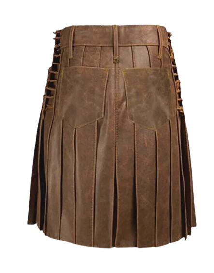 Men's Real Vintage Leather Pleated Kilt Side Laces&Pocket Clubwear Utility Kilt