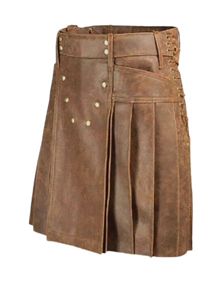 Men's Real Vintage Leather Pleated Kilt Side Laces&Pocket Clubwear Utility Kilt
