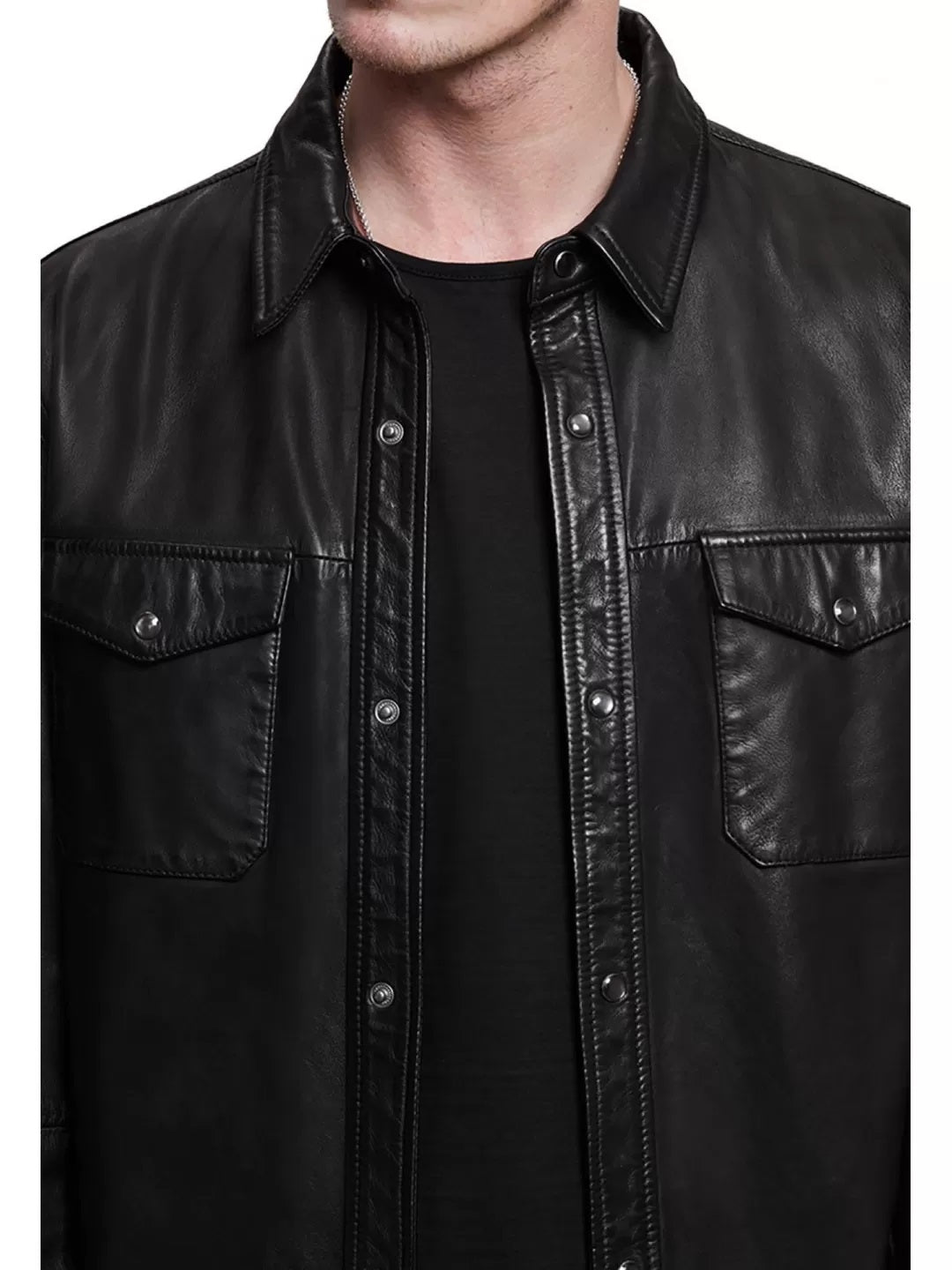 Men's Real Vintage Lamb Leather Full Sleeves Black Leather Shirt With Pockets