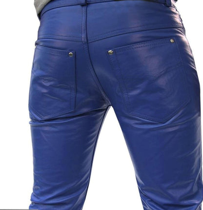 Men's Real Cowhide Leather 5 Pockets Bikers Pants In Blue Leather Bikers Pants