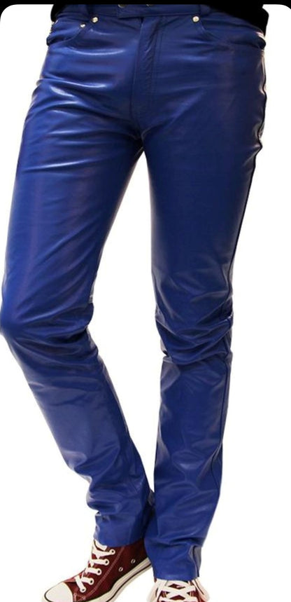 Men's Real Cowhide Leather 5 Pockets Bikers Pants In Blue Leather Bikers Pants