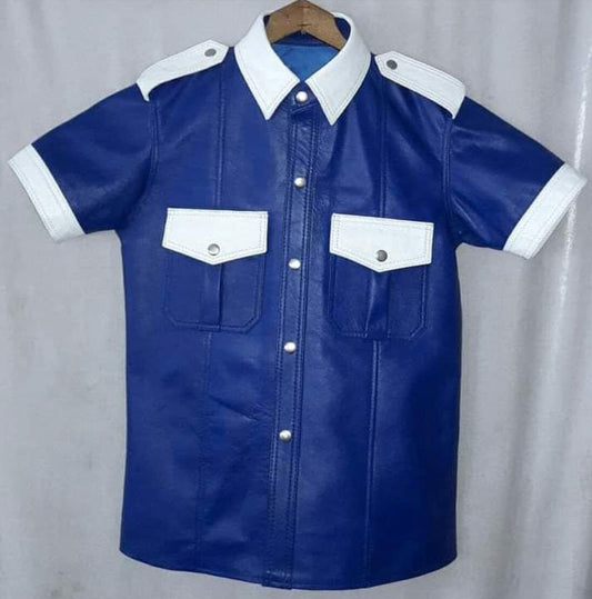 Men's Real Cowhide Leather Carpenter Pants & Police Shirt Blue & White BLUF Suit: