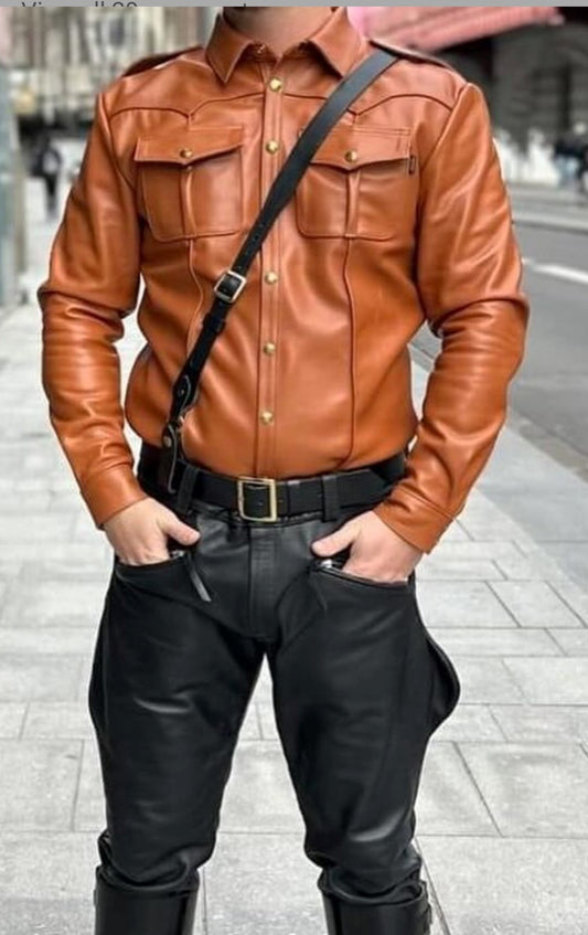 Men's Real Lamb Leather Full Sleeves Shirt Police Style Tan BLUF Shirt