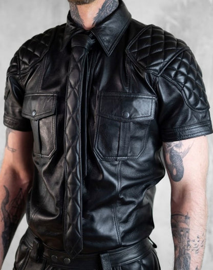 Men's Real Lamb Leather Quilted Trims & Tie Short Sleeves Shirt Police Style BLUF Shirt :