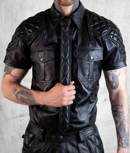 Men's Real Lamb Leather Quilted Trims & Tie Short Sleeves Shirt Police Style BLUF Shirt :