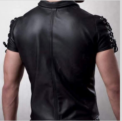 Men's Real Lamb Leather Laces Up Shirt Sexy Short Sleeve Leather Shirt With Laces