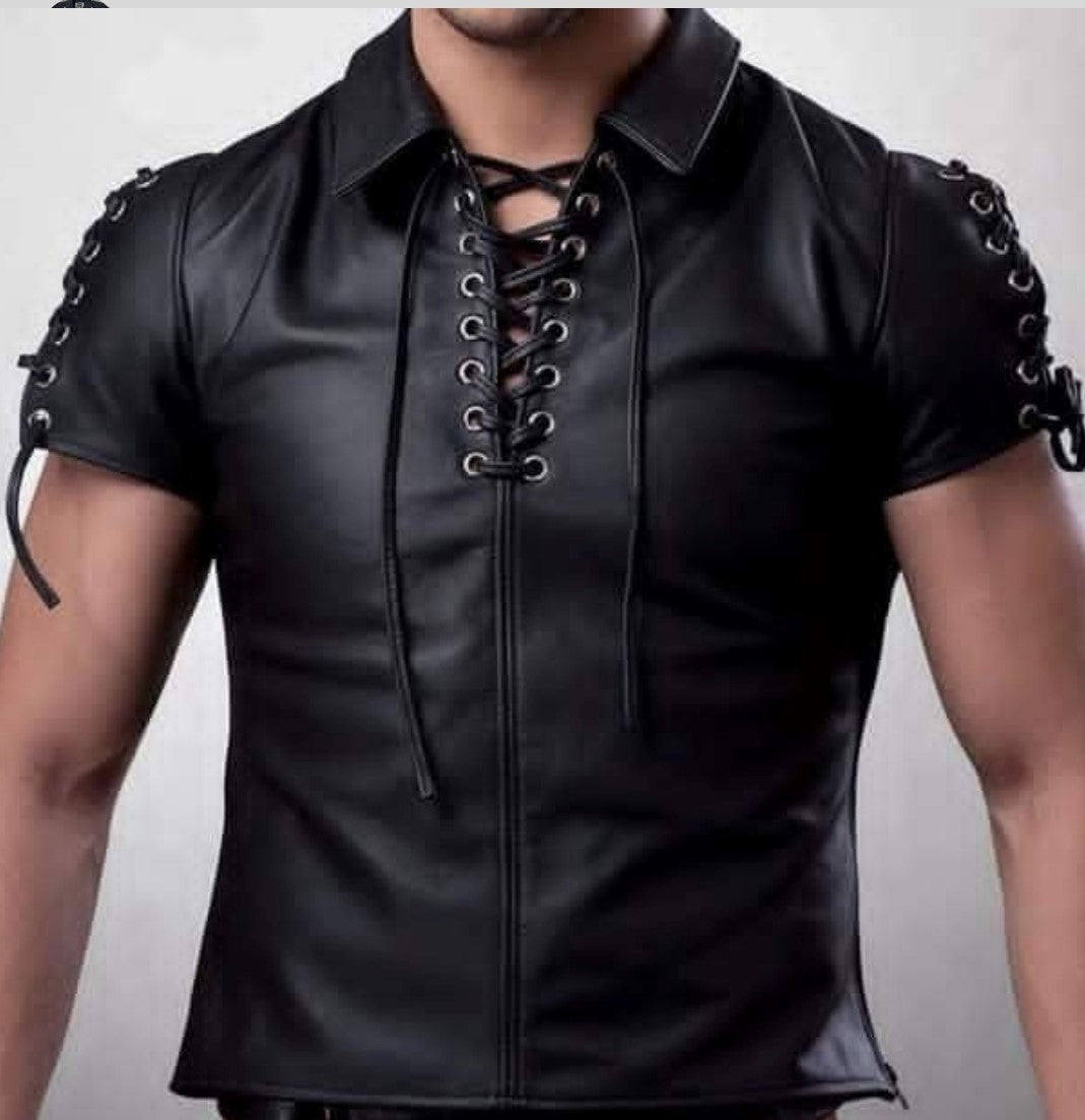 Men's Real Lamb Leather Laces Up Shirt Sexy Short Sleeve Leather Shirt With Laces