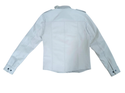 Men’s Real Lamb Leather White Police Uniform Long Sleeves Shirt with Black Piping