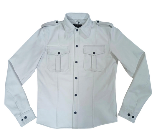 Men’s Real Lamb Leather White Police Uniform Long Sleeves Shirt with Black Piping