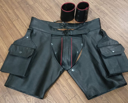 Men's Real Leather Chaps Shorts Colored Trims Detachable Codpiece & Cargo Pockets: