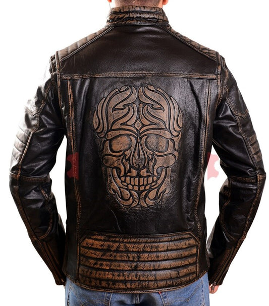 Men's Real Leather Bikers Jacket Hand Made Waxed Embossed Skull Pattern Back  :