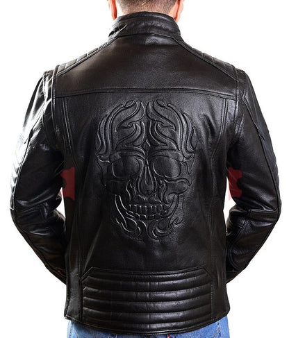 Men's Real Distressed Leather Quilted Bikers Cafe Racer Jacket With Embossed Skull Black Leather Jacket