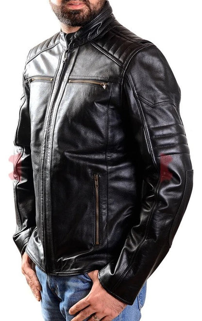 Men's Real Distressed Leather Quilted Bikers Cafe Racer Jacket With Embossed Skull Black Leather Jacket