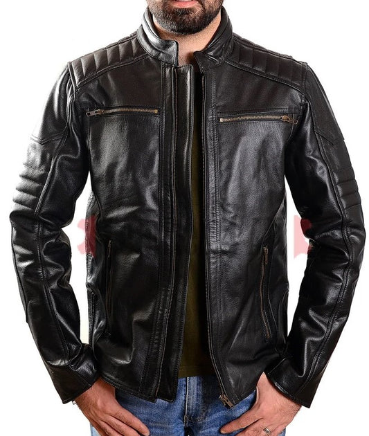 Men's Real Distressed Leather Quilted Bikers Cafe Racer Jacket With Embossed Skull Black Leather Jacket