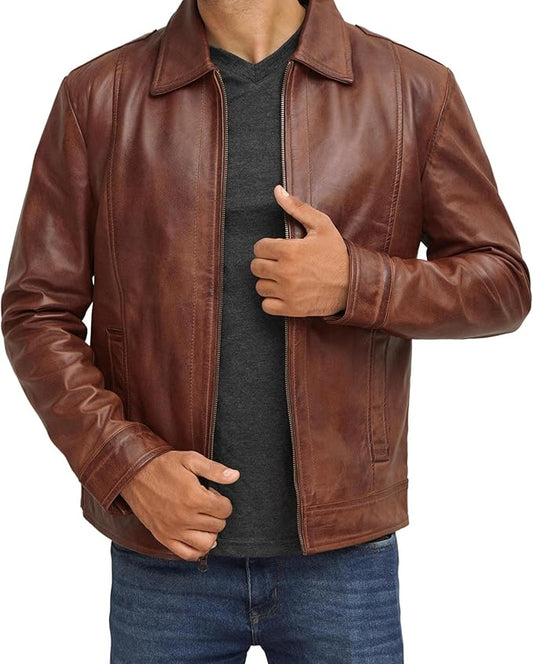 Men's Brown Lambskin Real Leather Jacket Shirt-style Collar Smooth Zip Closure Casual Wear