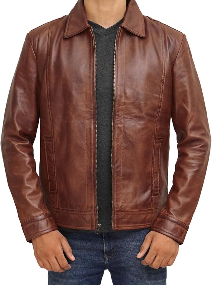 Men's Brown Lambskin Real Leather Jacket Shirt-style Collar Smooth Zip Closure Casual Wear