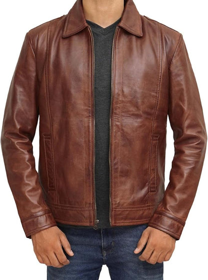 Men's Brown Lambskin Real Leather Jacket Shirt-style Collar Smooth Zip Closure Casual Wear