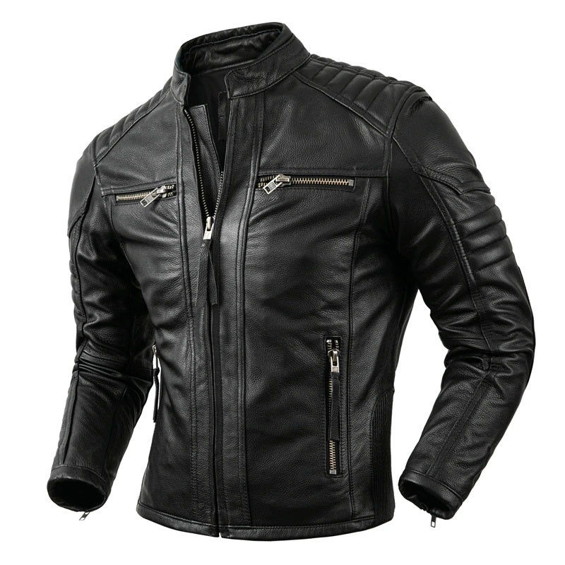 Men's Real Leather Bikers Jacket Quilted Panels Cafe Racer Jacket Bikers Jacket: