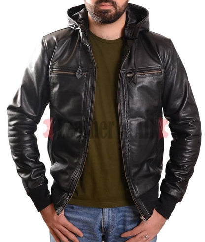 Men's Real Lamb Leather Bomber Detachable Hooded Jacket Leather Bomber Jacket