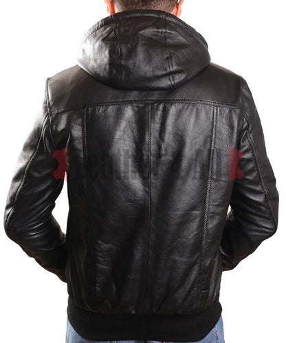 Men's Real Lamb Leather Bomber Detachable Hooded Jacket Leather Bomber Jacket