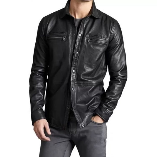 Men's Real Lamb Leather Full Sleeves Black Leather Shirt With Zipped Pockets