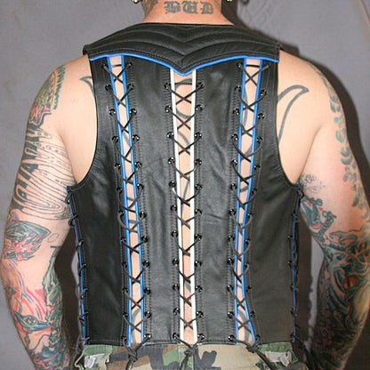 Men's Real Leather Bartender Vest, Laces Up, Colored Trims & Quilted Panels Bar Vest