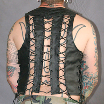 Men's Real Leather Bartender Vest, Laces Up, Colored Trims & Quilted Panels Bar Vest