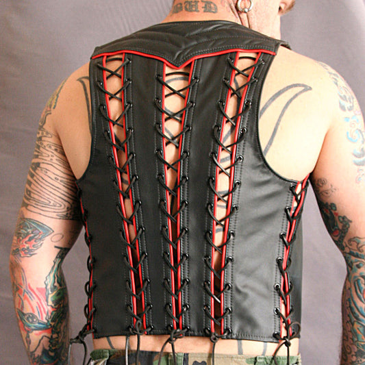 Men's Real Leather Bartender Vest, Laces Up, Colored Trims & Quilted Panels Bar Vest