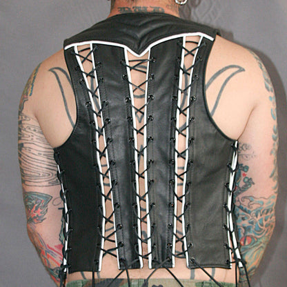 Men's Real Leather Bartender Vest, Laces Up, Colored Trims & Quilted Panels Bar Vest