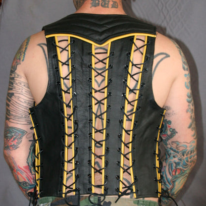 Men's Real Leather Bartender Vest, Laces Up, Colored Trims & Quilted Panels Bar Vest