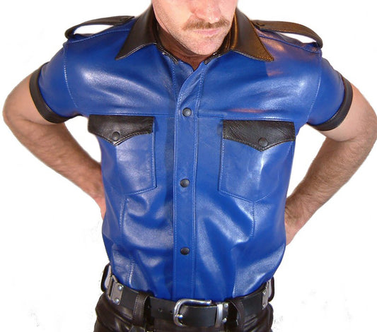 Men's Real Lamb Leather Police Style Sexy Shirt Short Sleeves Blue & Black Leather Shirt