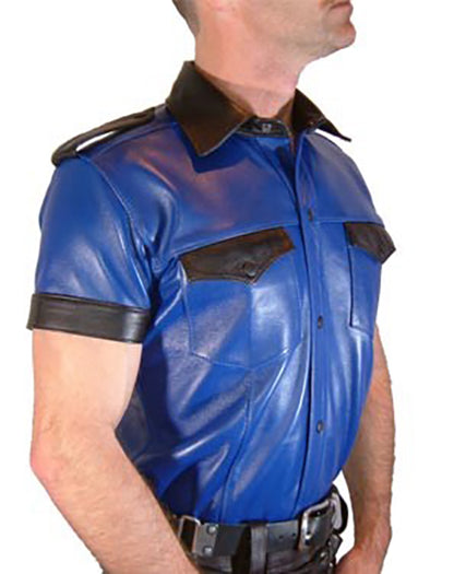 Men's Real Lamb Leather Police Style Sexy Shirt Short Sleeves Blue & Black Leather Shirt