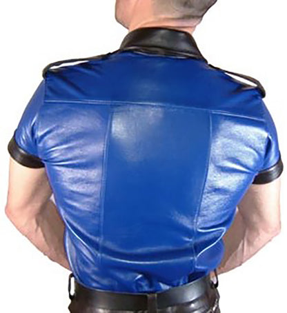 Men's Real Lamb Leather Police Style Sexy Shirt Short Sleeves Blue & Black Leather Shirt