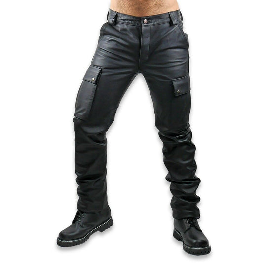 Men's Cowhide Natural Grain Leather Cargo Pants Bikers Cargo Pockets Trousers