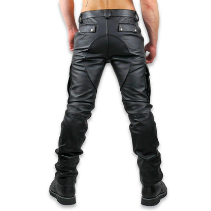 Men's Cowhide Natural Grain Leather Cargo Pants Bikers Cargo Pockets Trousers