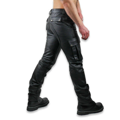 Men's Cowhide Natural Grain Leather Cargo Pants Bikers Cargo Pockets Trousers