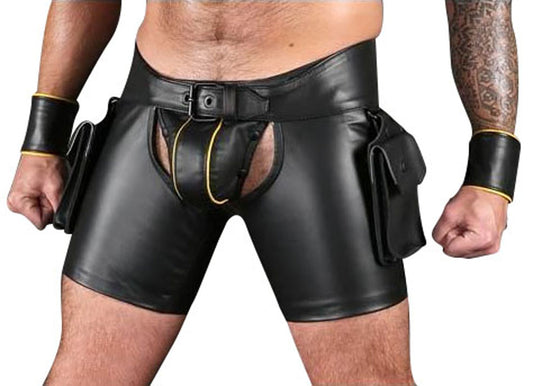 Men's Real Leather Chaps Shorts Colored Trims Detachable Codpiece & Cargo Pockets: