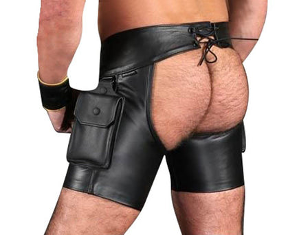 Men's Real Leather Chaps Shorts Colored Trims Detachable Codpiece & Cargo Pockets: